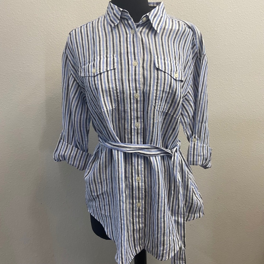 Lauren Ralph Lauren‎ Petite Striped Linen Belted Shirt, Blue White Black NEW